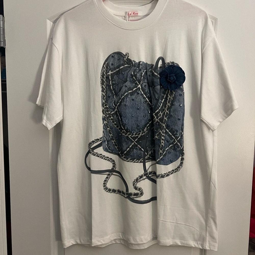 White T-Shirt with Blue Bag Print